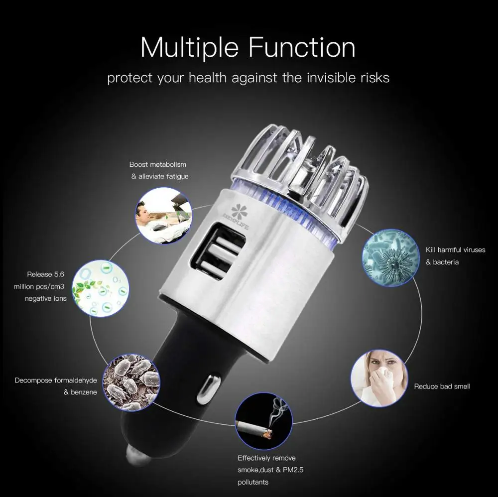 Adattatore per deodorante per purificatore d'aria per auto con 2 porte USB ionizzatore d'aria per auto rimuovi fumo cattivo odore e odori caricabatteria per auto