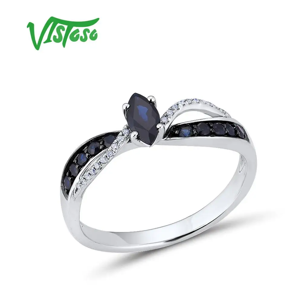 VISTOSO 14K 585 White Gold Ring For Women Genuine Ring Shimmering Diamond Blue Sapphire Elegant Wedding Band Trendy Fine Jewelry