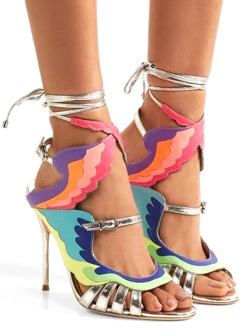 Luxury Shoes Femme Rainbow Colors Ankle Strap Wings Sandals Gladiator Multicolor Leather Patchwork High Heels Women Party Shoes