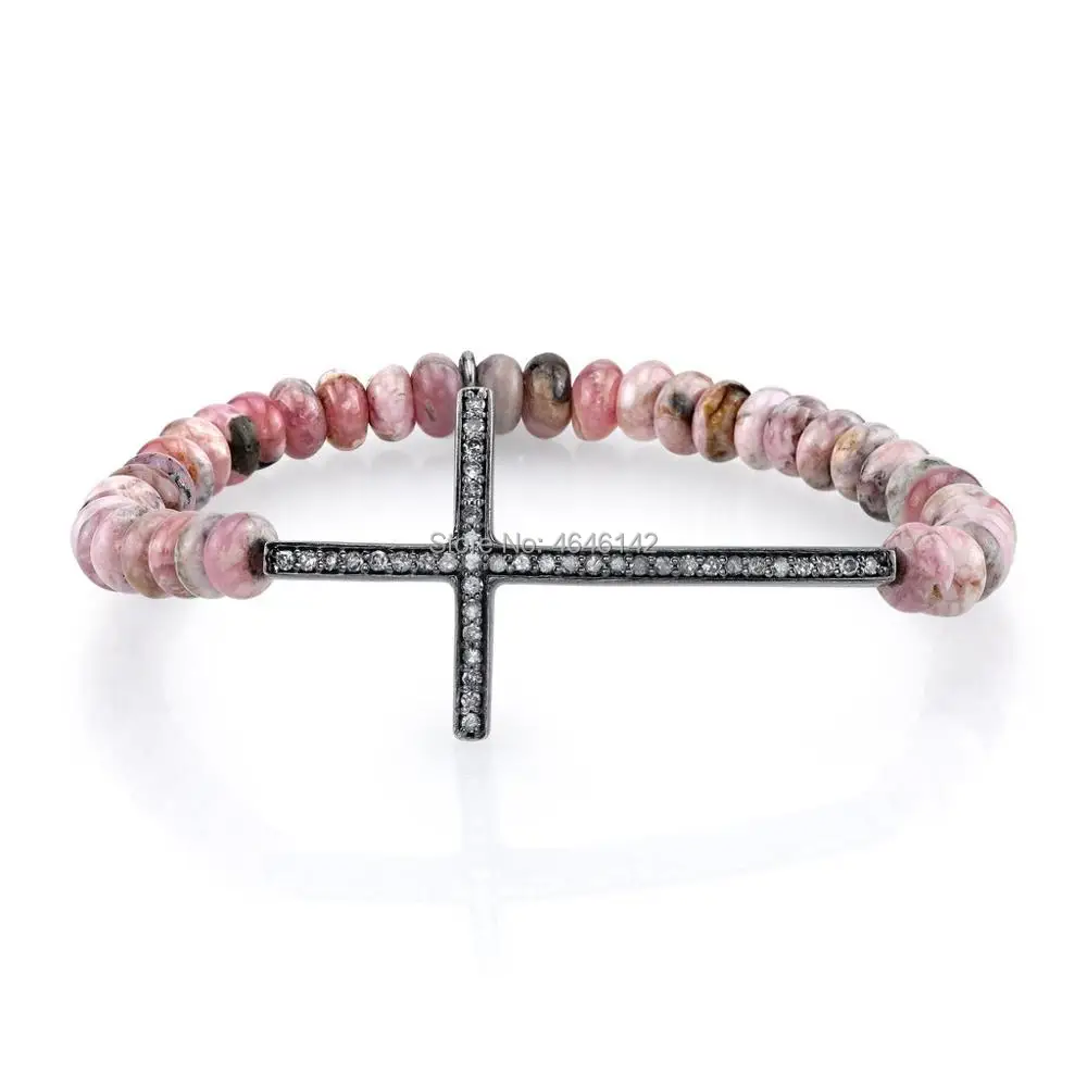 

Pink Jades Pave Crystal Cross Stretch Bracelet Boho Chic Bracelet