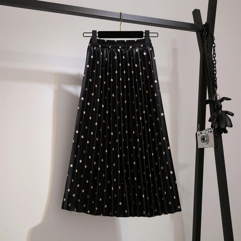 Pleated Skirts Women Spring Autumn Saia Midi High Waist Faldas Mujer Moda Plus Size Jupe Femme Vintage Velvet Dots Ladies Skirt