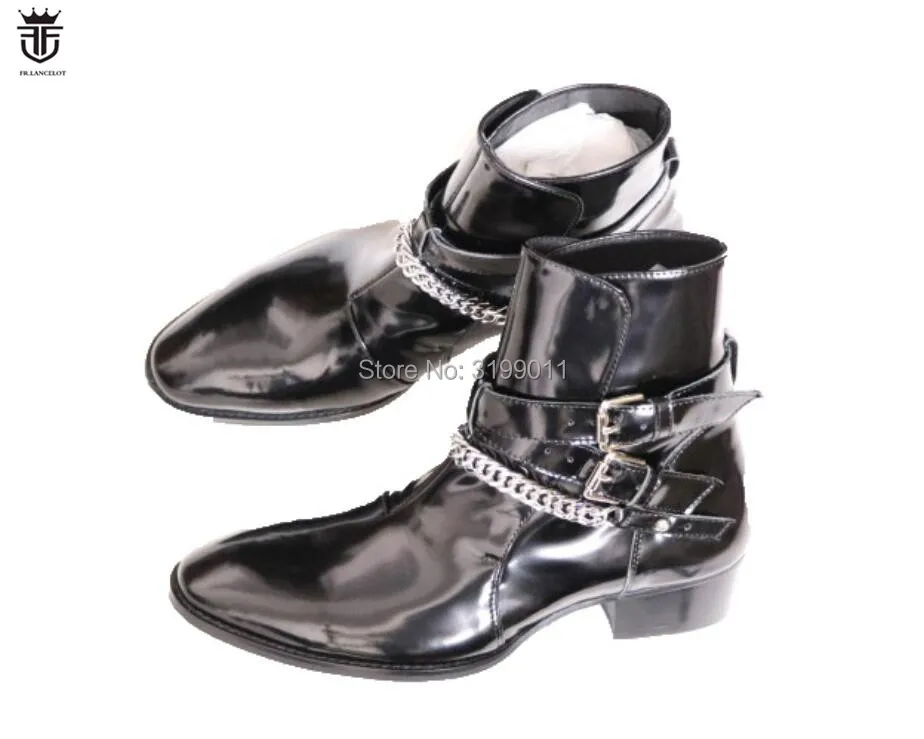 

FR.LANCELOT 2020 fashion sliver chains booties point toe men's shinny leather boots British gentleman chelsea boots party shoe