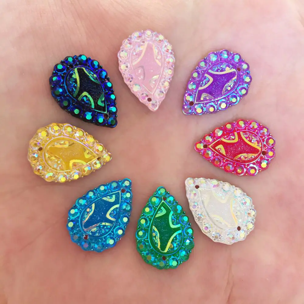 New 20PCS 13mm*18mm AB Resin Drop Flatback Water Mirror Rhinestone Wedding 2 Hole Buttons R82