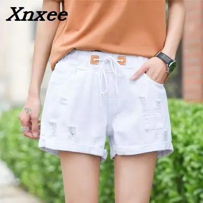 

Summer women high waist elastic hole denim shorts loose wide leg casual shorts Xnxee