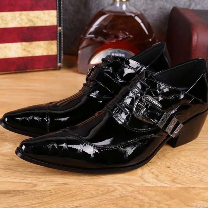 men\'s genuine leather pointed toe shoes lace-up business dress shoes men British style party wedding fashion buckle high heels