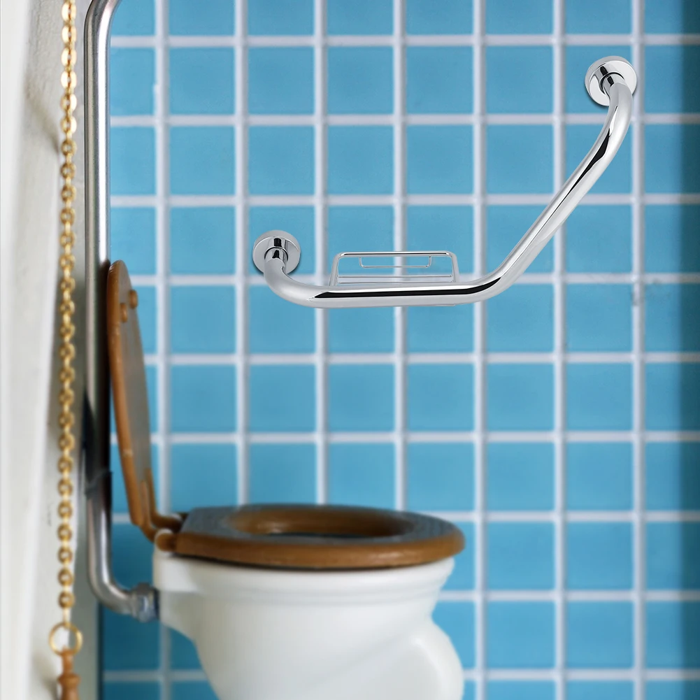 Stainless Steel Bathroom Grab Bar w/ Soap Holder Bathtub Arm Safety Handle Bath Shower Tub Anti Slip Handrail Grip for Elderly