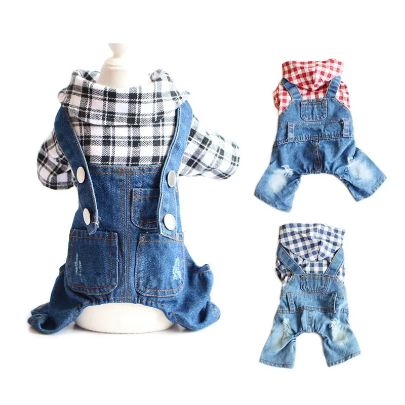 Dog Denim Jumpsuits Puppy Plaid Shirt jeans, Yorkie French Bulldog Overalls for Dogs, Pet Clothes for Small Medium Breed Dogs