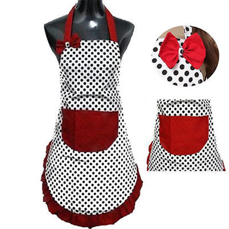 Cute BowKnot Dot  Apron Women Kitchen Restaurant Bib Cooking Aprons With Pocket Kitchen Cooking Craft Baking