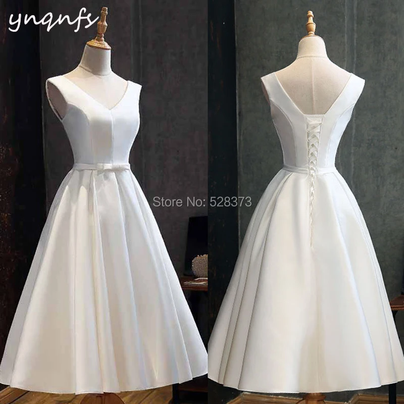 YNQNFS W109 Vintage 50s 60s vestido de noiva curto Satin 2019 Bridesmaid Dresses Tea Length Wedding Bridal Dress Party Gown