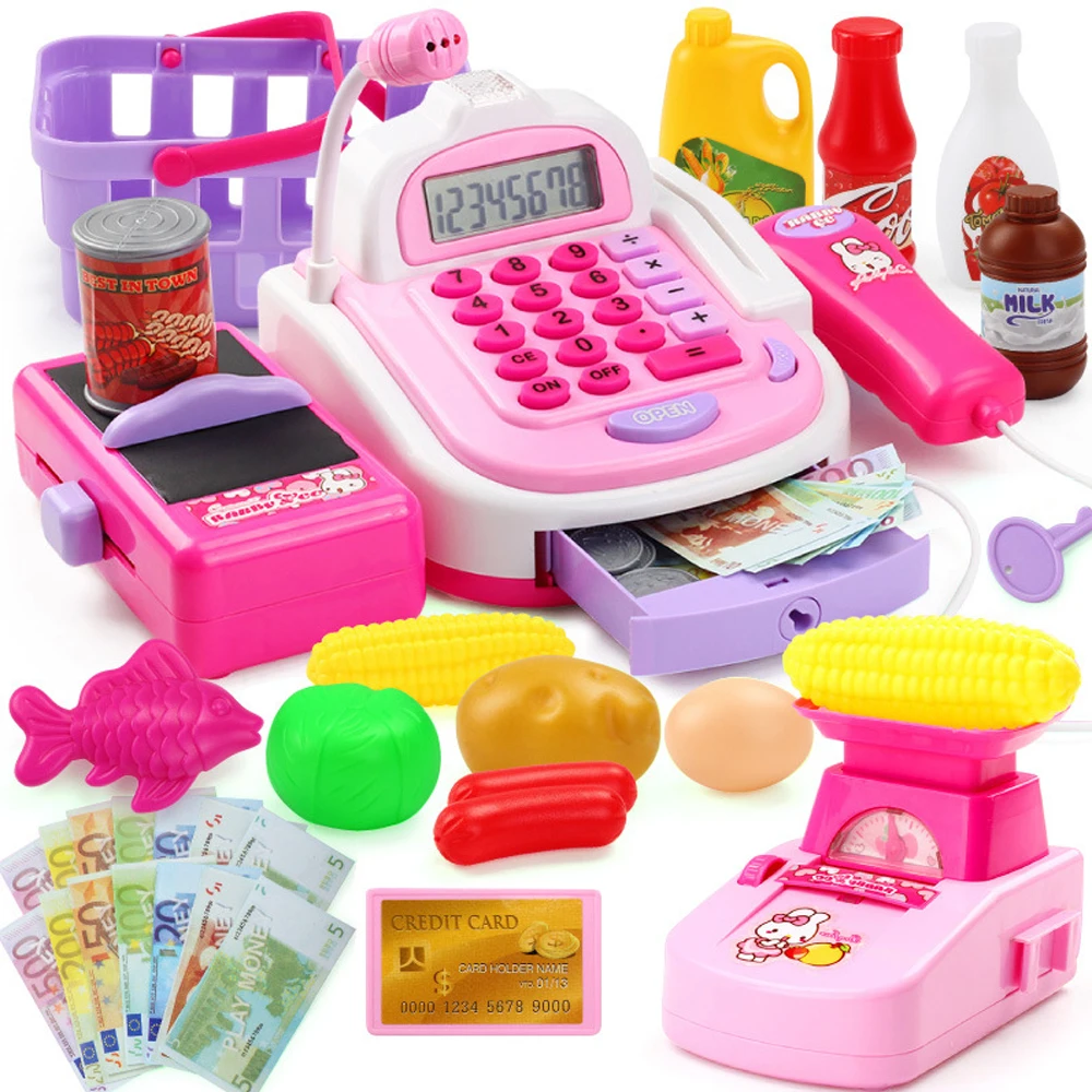 

Kids Supermarket Cash Register Electronic Toys with Foods Basket Money Children Learning Education Pretend Play Set Girl's Gift