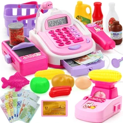 Kids' Supermarket Cash Register Pretend Play Set, Brinquedos Eletrônicos com Cesta de Alimentos, Dinheiro Infantil Aprendendo Educação, Presente da Menina