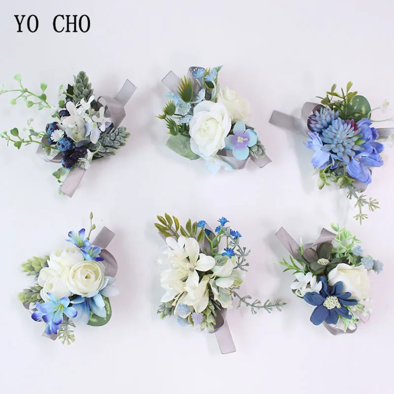 YO CHO, белые шелковые розы, свадебные цветы, браслет на запястье, корсаж, для подружки невесты, синяя бутоньерка для жениха, мужские свадебные принадлежности