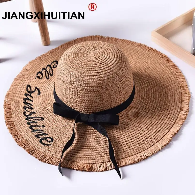 Hot Sale Fashion Hepburn Wind Bowknot Summer embroidery girls Sun Hat Beautiful Women Raffia Straw Beach Hat Large Brimmed Hat