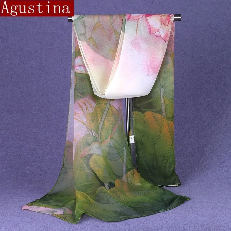 

100% silk feel long scarf fashion Lotus printing Gradient brand luxury Comfortable women headscarf designer shawl for scarves