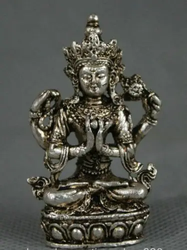 TIbet Buddhism Miao Silver Seat 4 Arms Chenrezig Buddha Avalokiteshvara Statue