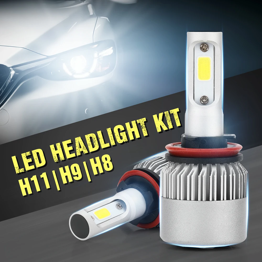 

Pair S2 H11 H8 H9 LED Front Headlight Conversion Kit 60W 6000LM Low Single Beam Bulb COB White 6000K Light