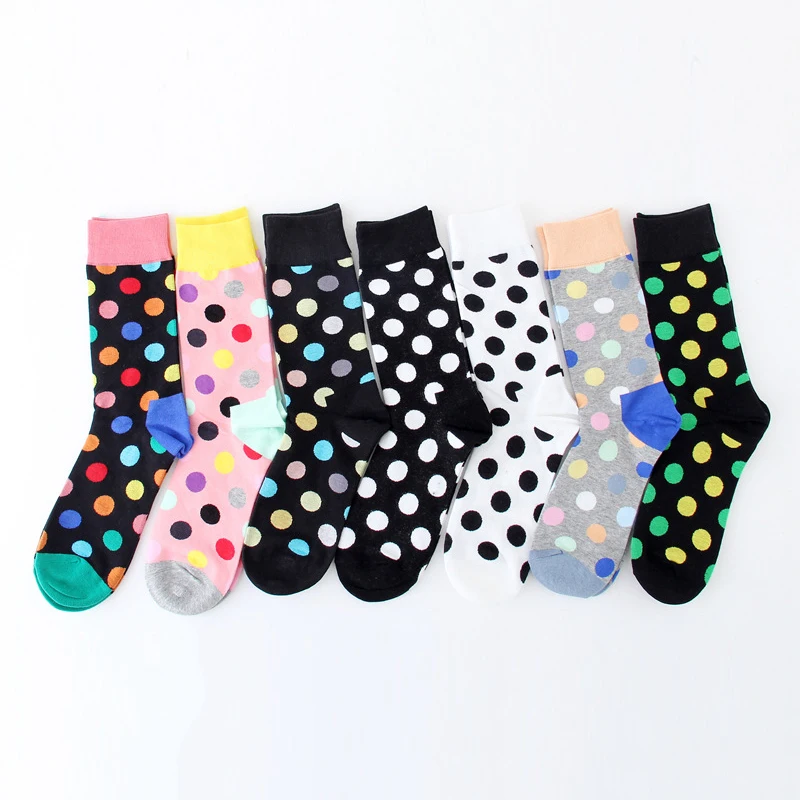 Men Socks Circle Point Colorful Fashion Hit Color Harajuku Happy Cotton Funny Skate Hip Hop Black Street Style Male Dress Socks