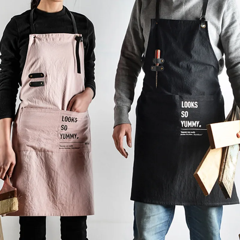 Gray Pink Cotton Linen Apron Florist Gardener Painter Artist Work Wear Barista Waitstaff Bartender Baker Pastry Chef Uniform D93