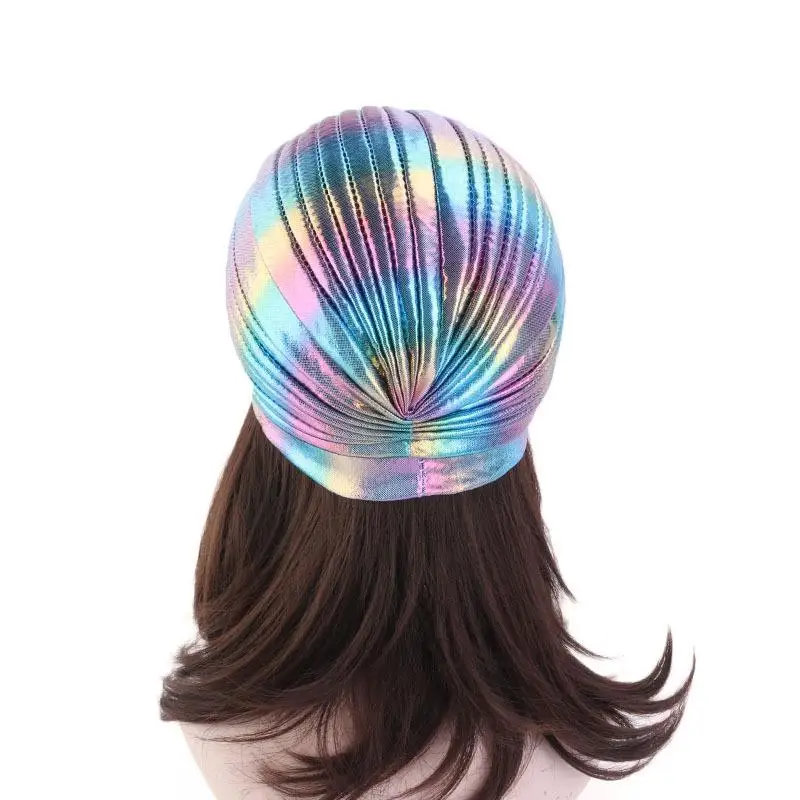 Shiny Turban Chemo Cap Glitter Indian Hat Muslim Women Hijab Head Scarf Pleated Beanie Bonnet Islamic Hair Loss Cover Headwear