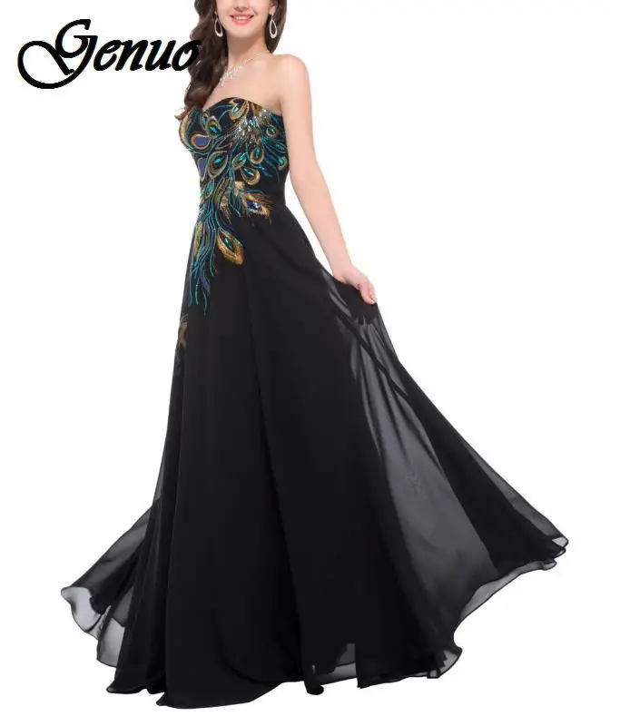 Thanh Lịch Người Nổi Tiếng Đảng Satin Voan Chém Cổ Dây Chém Cổ Đầm Con Công Thêu Sang Trọng Vestidos