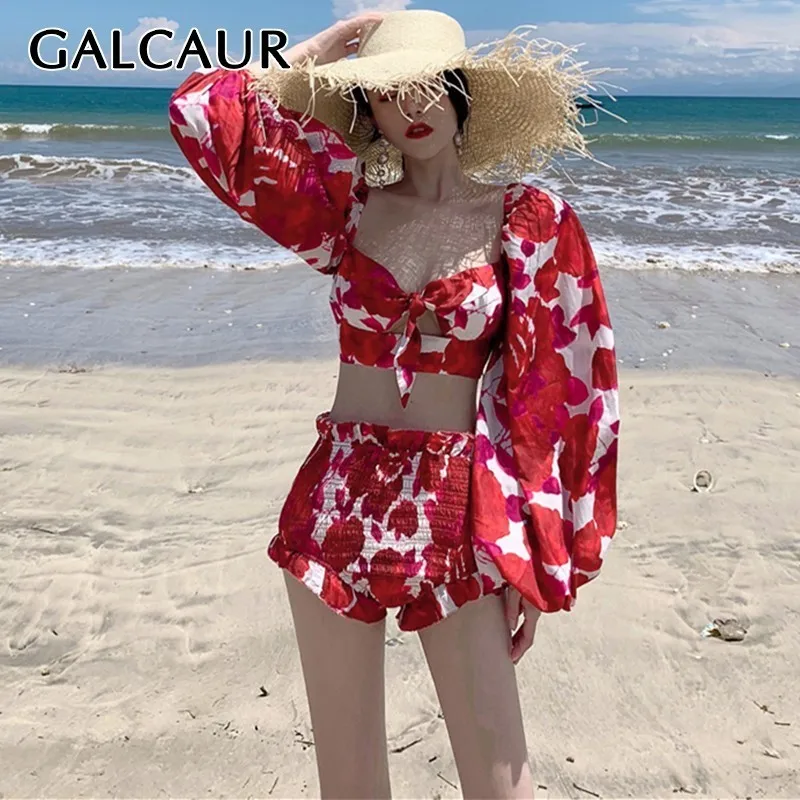 GALCAUR Summer Sexy Two Piece Set Women Square Collar Lantern Sleeve Crop Top High Waist Slim Shorts Female Suit Fashion 2020