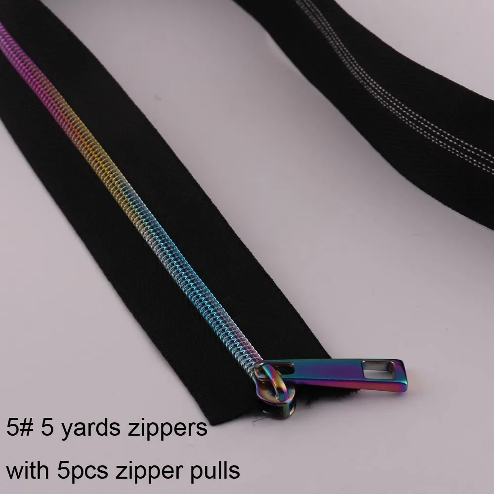 

5Yards rainbow Nylon Teeth Zippers with 5pcs Zipper puller Zipper Slider Pulls Sewing tool for Leather bag garment accessories