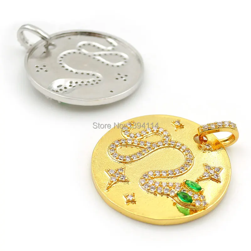 25*25*3mm Micro Pave Clear&Green CZ Round Charm With 5 Stars Snake Relief Fit For Women As Necklace Accessory