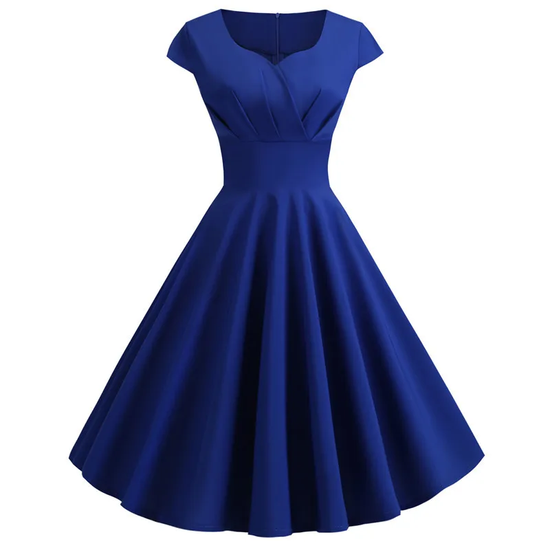 Women's Summer Dresses Vintage Elegant V Neck Solid Color Vestido A-Line Pinup Business Party Office Women Flare Blue Dress