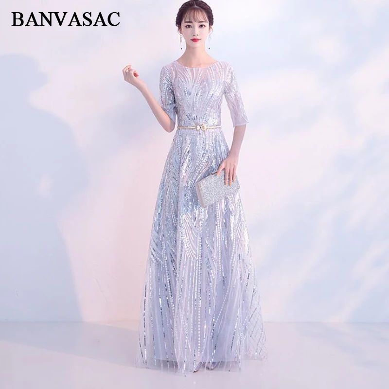 

BANVASAC Illusion O Neck Metal Bow Sash A Line Long Evening Dresses Elegant Sequined Party Half Sleeve Prom Gowns