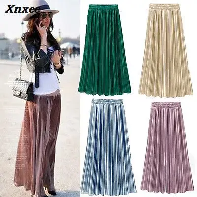 Vintage Women Metallic Luster Stretch High Waist Plain Skater Flared Pleated Long Skirt Gold Sequined Skirts Xnxee