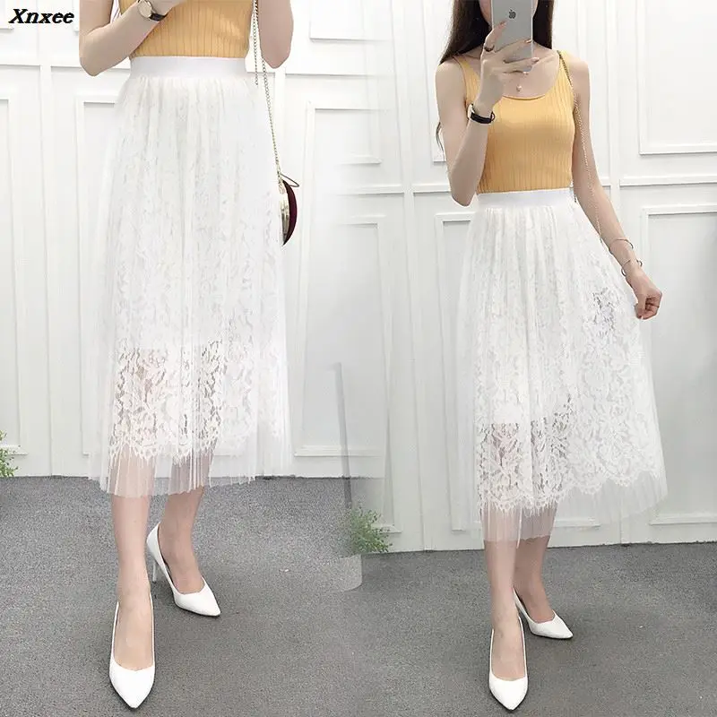 

2018 women skirts lace mesh skirts long pleated skirt of high waist show thin posed the a - line skirt summer autumn skirt Xnxee