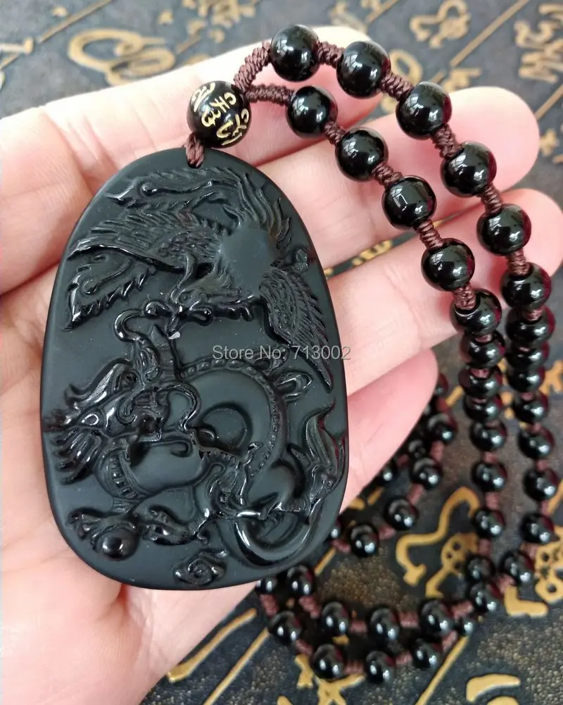 Nature Mexico obsidian Amulet Dragon Phoenix Carven Pendant Bead Mala Necklace Talisman