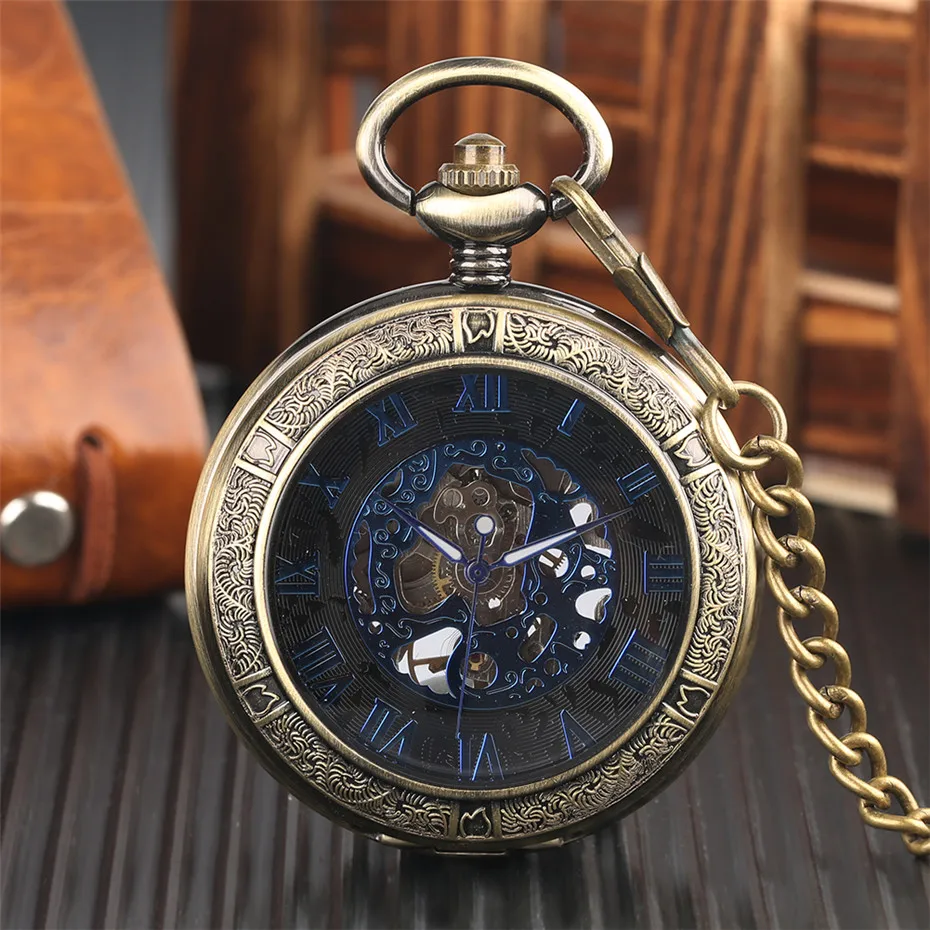 Mystical Black Dial Mechanical Pocket Watch Transparent Hunter Blue Roman Numerals Display Hand Winding Pocket Watch for Men