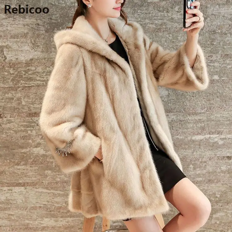 Fashion Winter Women Faux Fur Jacket Coats Solid Color Hooded Mink Hair Fur Jackets  3XL Female Slim Outerwear Coat