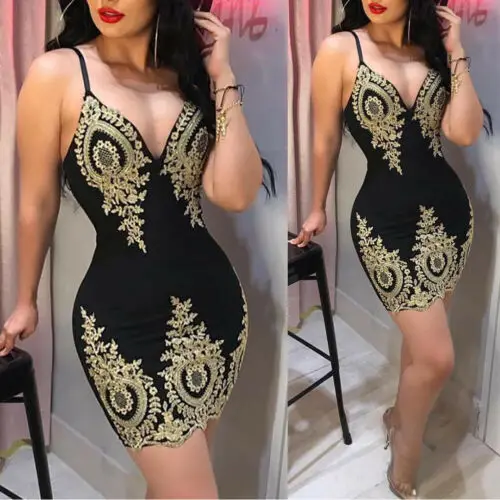 Women\'s Bandage Bodycon V-neck Sleeveless Embroidery Sexy arrival Dress Evening Party Club Short Mini Dress