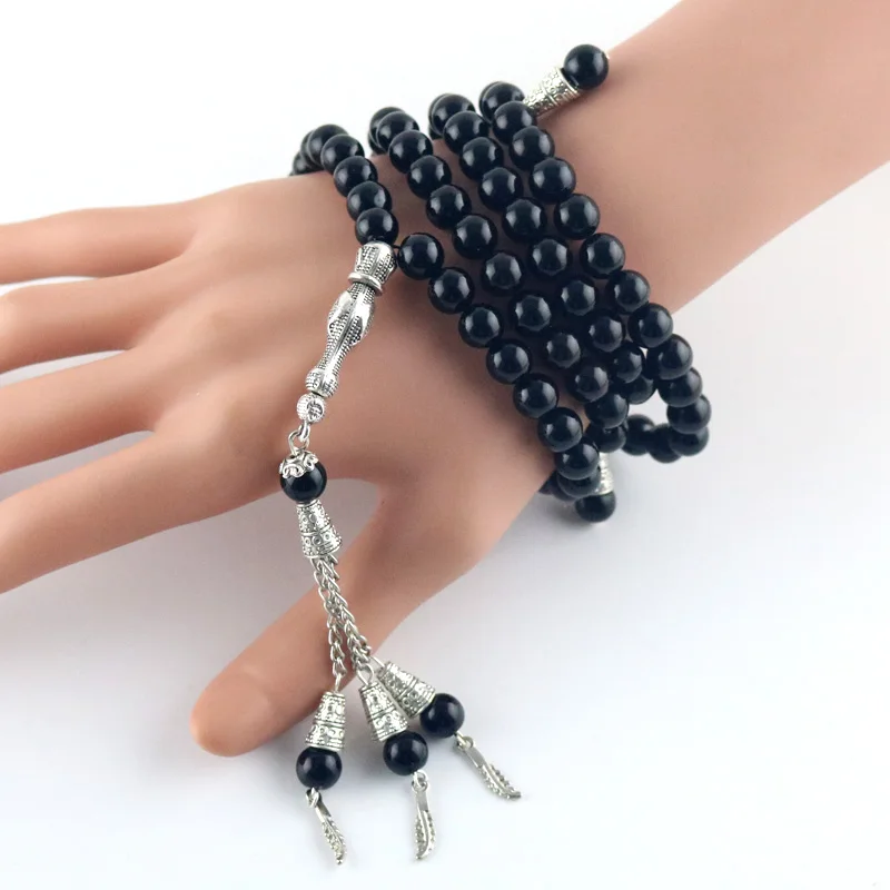 New natural agate black stone beads bracelet jewelry Tesbih Muslim bracelet Muhammad tassel pendant agate necklace gift