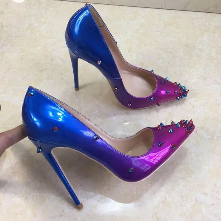

Fashion Mixed Color Rivets Pointed Toe Woman Stiletto Shoes Thin Heels Pumps Sexy Patchwork Party Lady Shoes