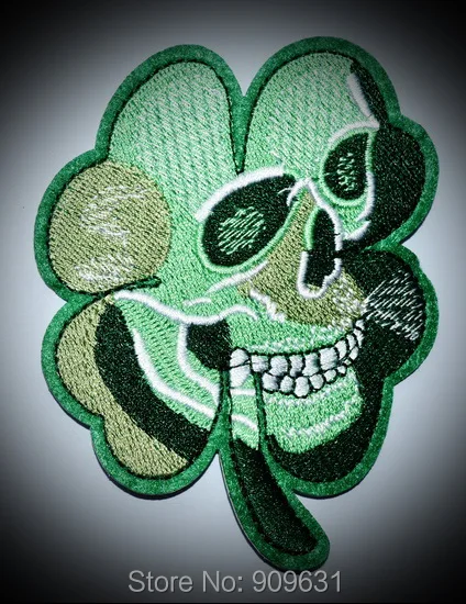 Four Leaf Clover Embroidered Patch CLOVER IRISH SKULL BIKER Emblem Logo Iron On Patch Badge Military ARMY TACTICAL MILITARY