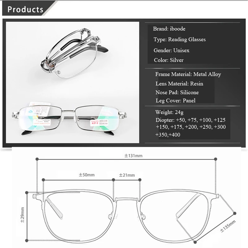 Iboode Faltbare Legierung Lesebrille Frauen Männer Falten Prosbyopic Gläser Ultraleicht + 0,5 0,75 1,0 1,25 1,5 1,75 2,0 2,5 3,0