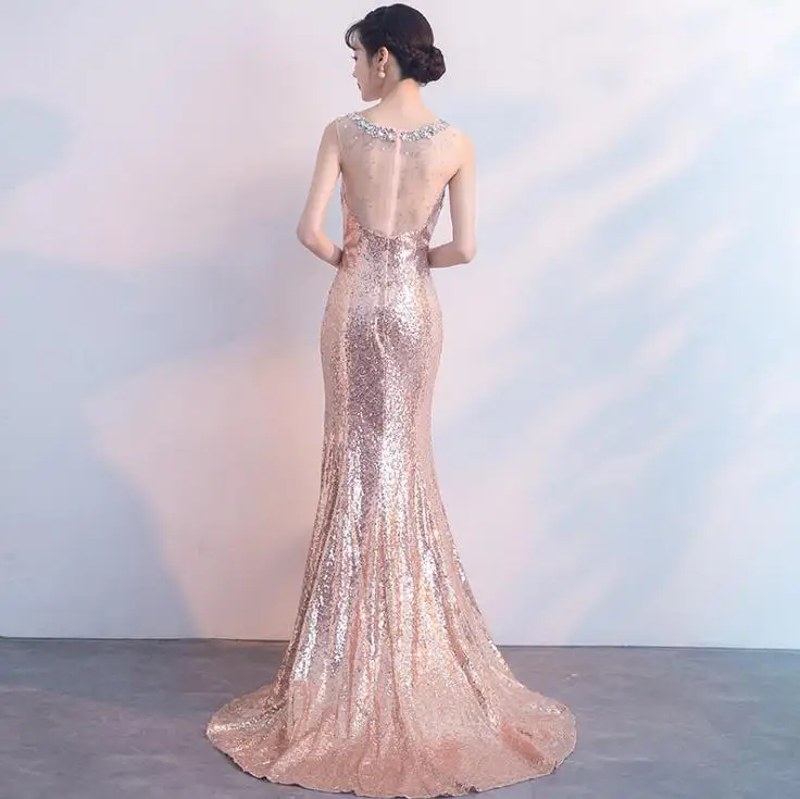 BANVASAC – robe de soirée de forme sirène, luxueuse tenue de soirée à paillettes, col rond, effet d'illusion, dos nu, tenue de bal