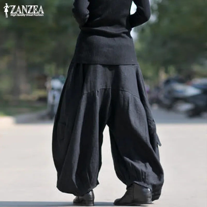 Cargo Pants Women ZANZEA Kaftan Wide Leg Tousers Cotton Linen Pantalon Palazzo Female Elastic Waist Drop Crotch Pants