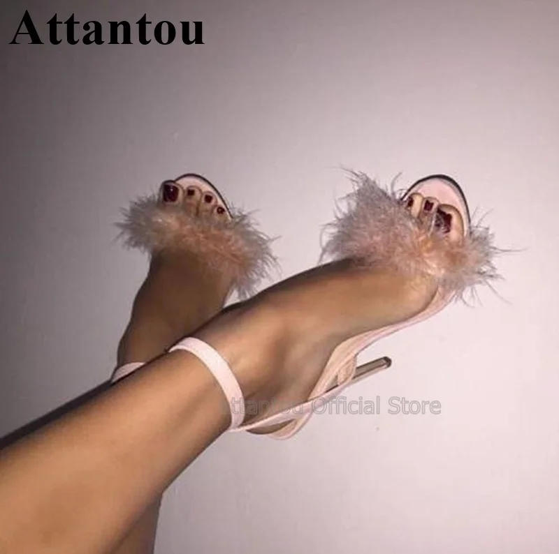 Black Pink Soft Fur One Belt Women High Heel Sandals Concise Designer Cut-Out Ankle Strap Open Toe Summer Party Shoes