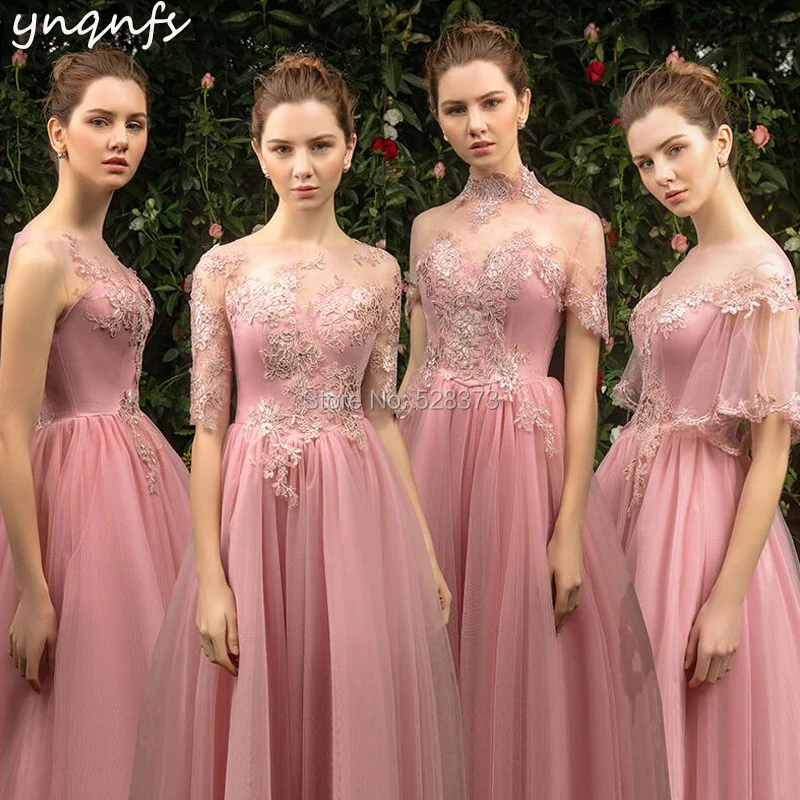 YNQNFS B9 Real Tulle High Neck Short Sleeves Pink Vintage Bridesmaid Dresses 50s 60s Wedding Guest Wear Party Gown Vestido Curto