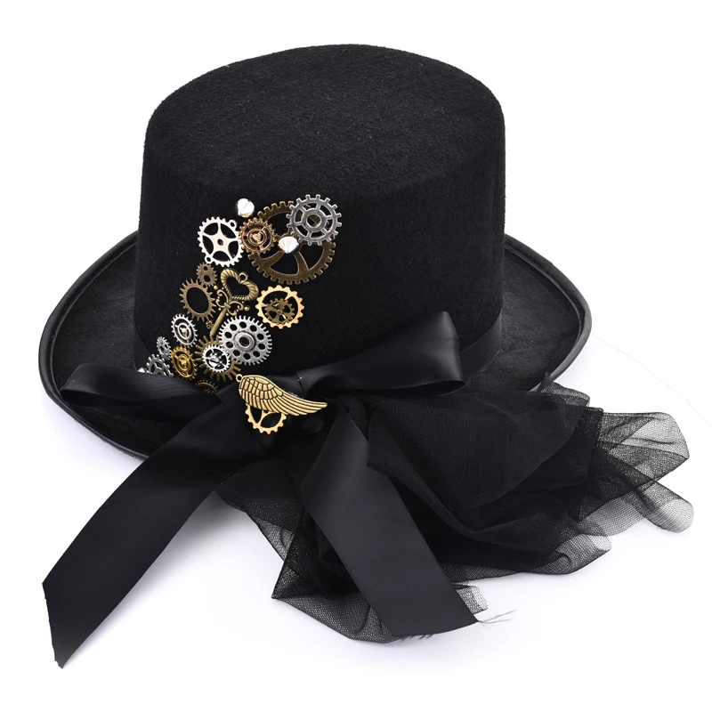 Gothic Victorian Retro Black Top Hat for Men/Women Gears Wing Key Hats With Veils Spikes Bowknot Steampunk Hats Accessories