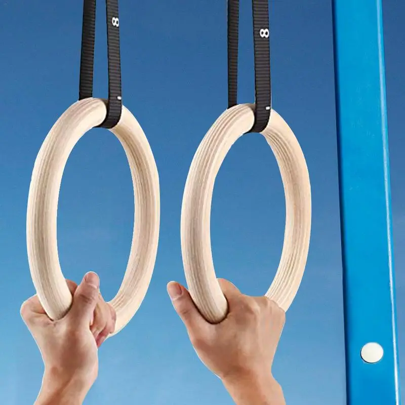 1 Piece Birch Wood Gymnastic Rings Pull Up Gym Ring for Home Fitness Strength Training Adjustable Straps for Optional