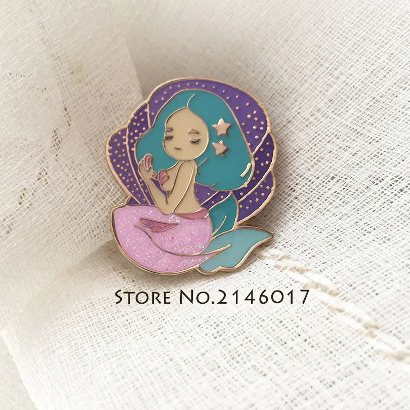 Under the Sea Glitter Beauty Mermaid Lapel Pin Seashell Enamel Brooches Women Metal Pins Badge Cartoon Jewel Collar Brooch Gift