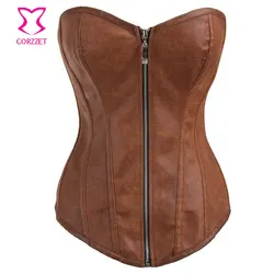 Women Zipper Sexy Brown Faux Leather Corset Overbust Corsetto Steampunk Corsets Waist Slimming Corpetes E Espartilhos Para Festa