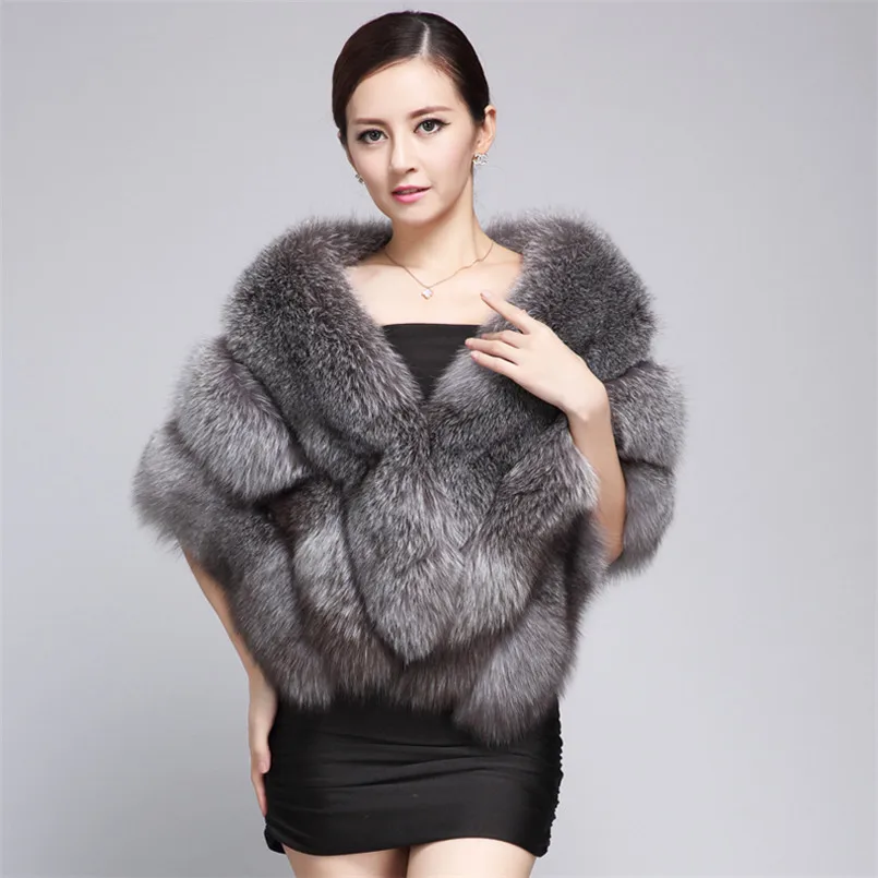 Real silver fox fur poncho and capes shawl women scarf winter scarves female luxury brand white natural fur stole wraps C169