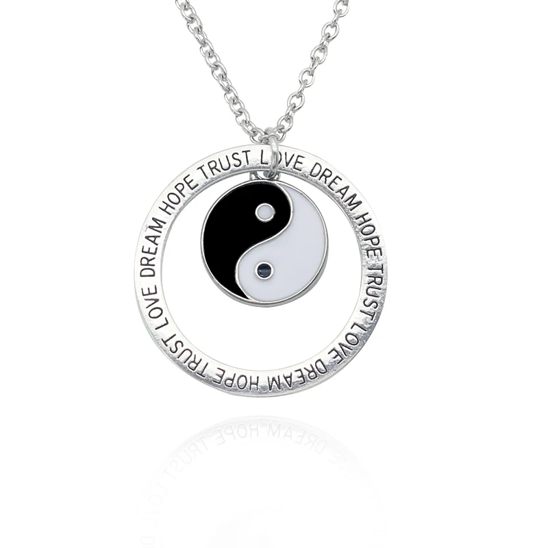 Vintage Yin Yang Tai Chi Pendant Necklace Alloy Letter Word Round Annulus Necklaces For Women Men Best Friends Jewelry Gift