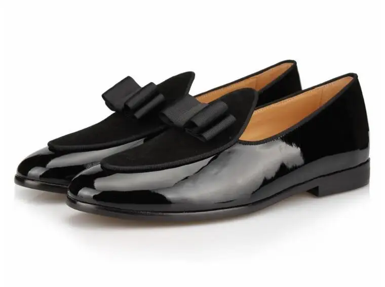 Hot Sale Black Suede Loafers Fashion Patent leather Men Bow Tie Moccasins Man Flats Wedding Men\'s Dress Shoes Casual Shoes